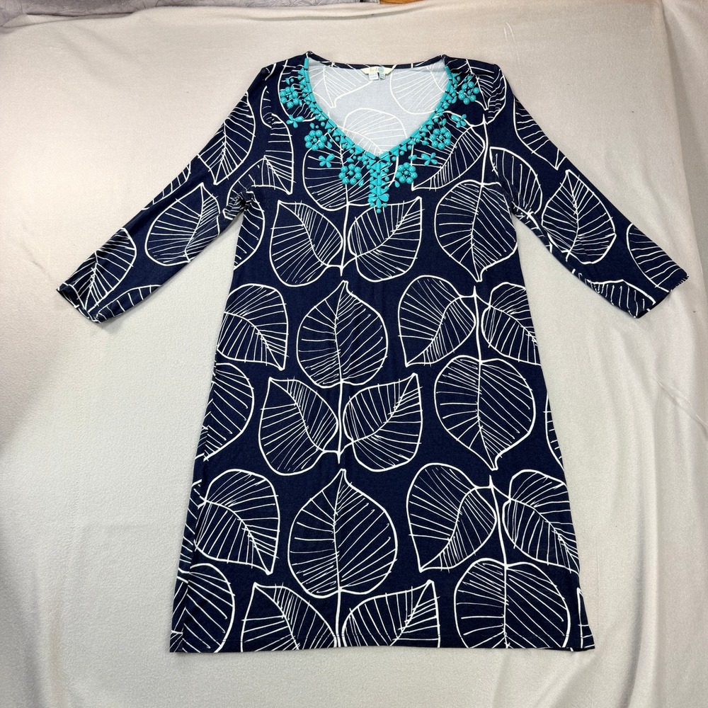 Boden Navy White Leaf Print Beaded V-Neck 3/4 Sleeve Shift Dress WL897 US 10L